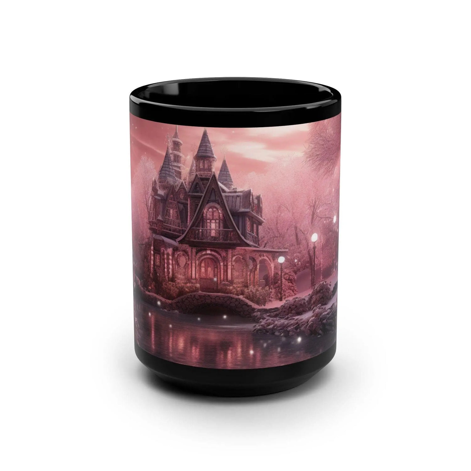 Holiday Scene Black Mug, 15oz, Pink Xmas Mystic Holiday Stylish Designer Home Office Coffee Tea Hot Beverage Cup The Aurora Touch
