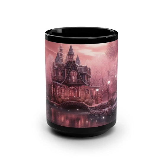 Holiday Scene Black Mug, 15oz, Pink Xmas Mystic Holiday Stylish Designer Home Office Coffee Tea Hot Beverage Cup The Aurora Touch