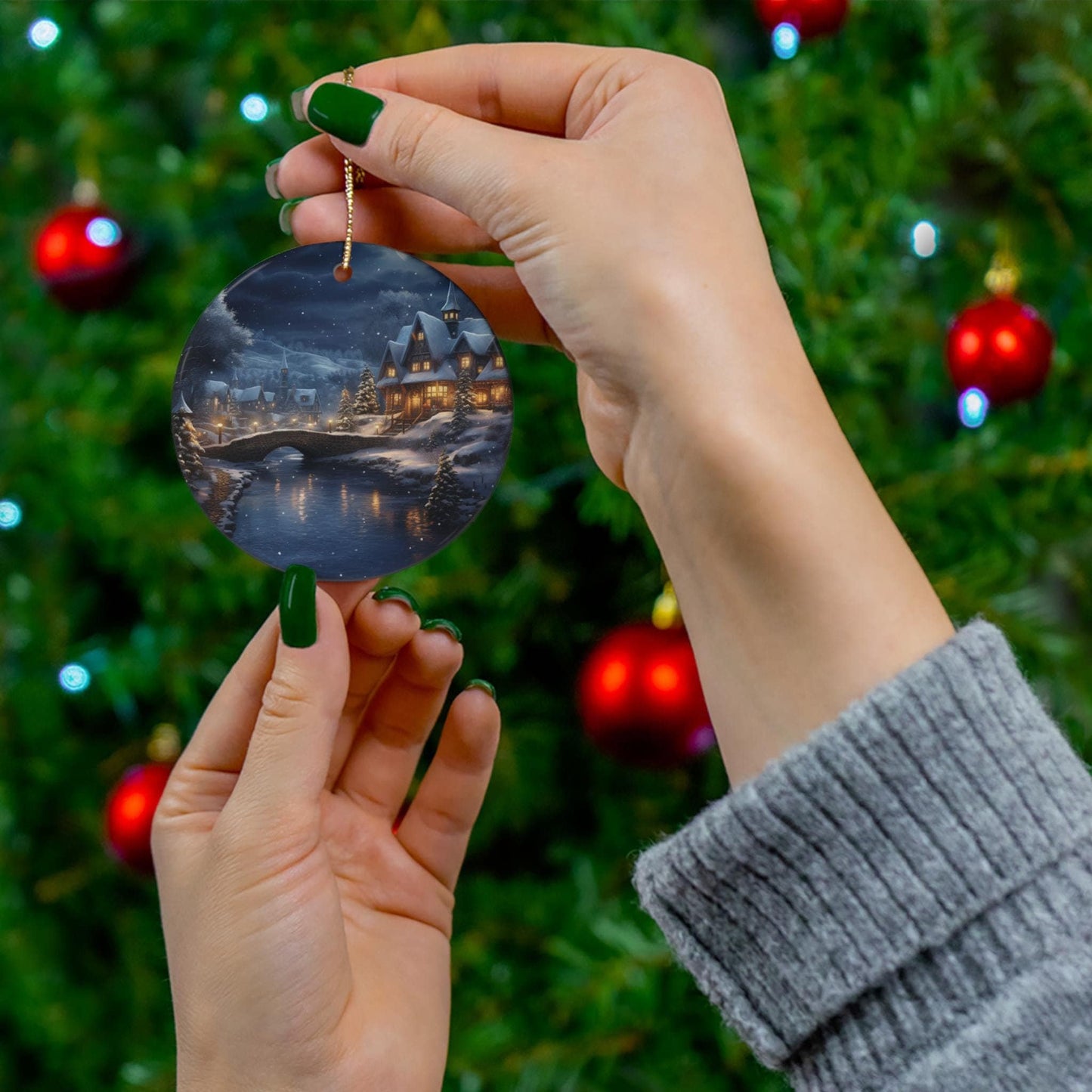 Ceramic Ornament, Winter Scenery, Round Blue Ornament, Christmas/Holiday Tree Decor/Gift, 4 Shapes, Festive/Holiday Home Decor, Seasonal