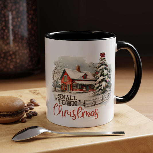 Christmas Accent Mug, Red 11oz, Farmhouse Kitchen Decor, Holiday Designer Mug, Country Style Xmas Cup, Small Town Vibes