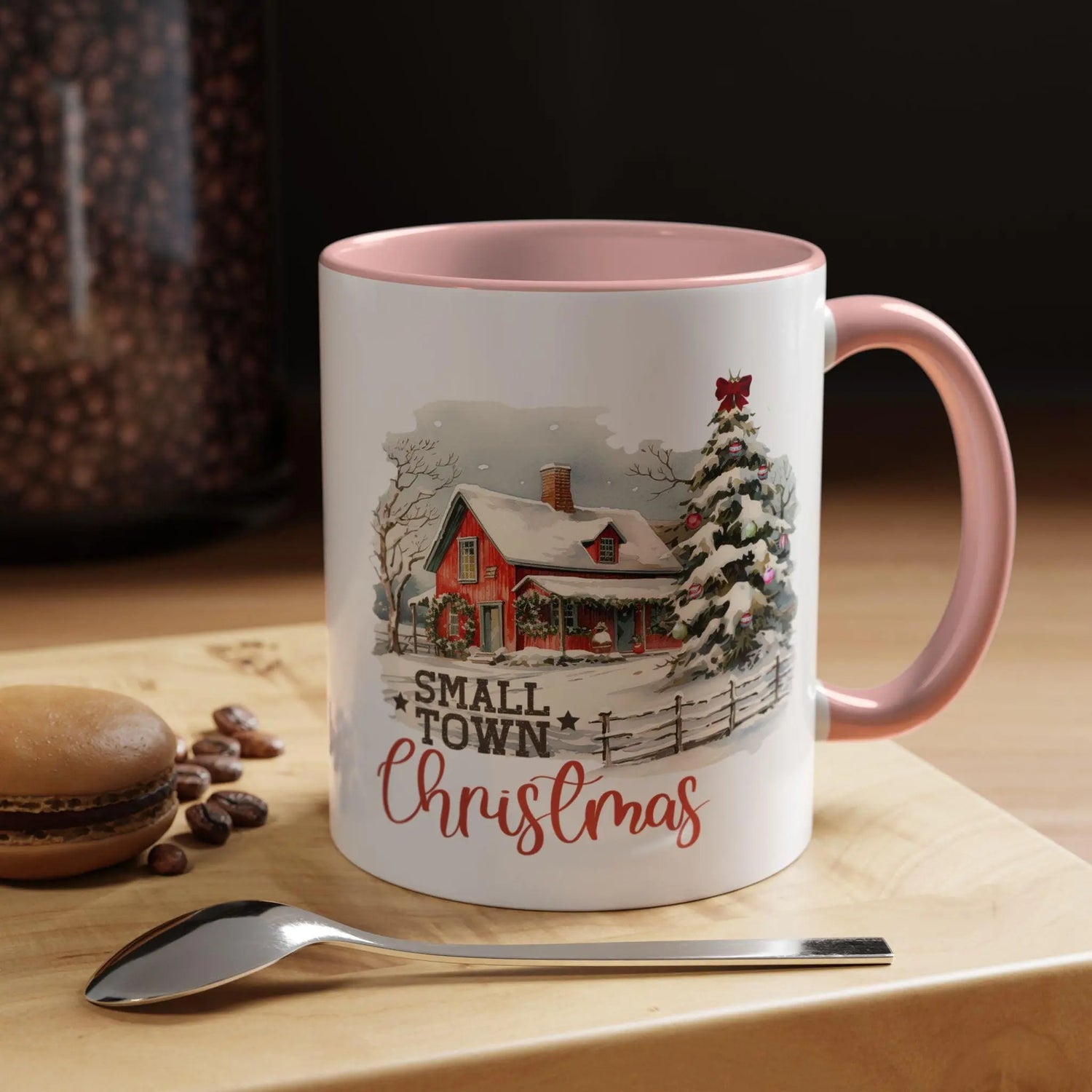 Christmas Accent Mug, Red 11oz, Farmhouse Kitchen Decor, Holiday Designer Mug, Country Style Xmas Cup, Small Town Vibes The Aurora Touch