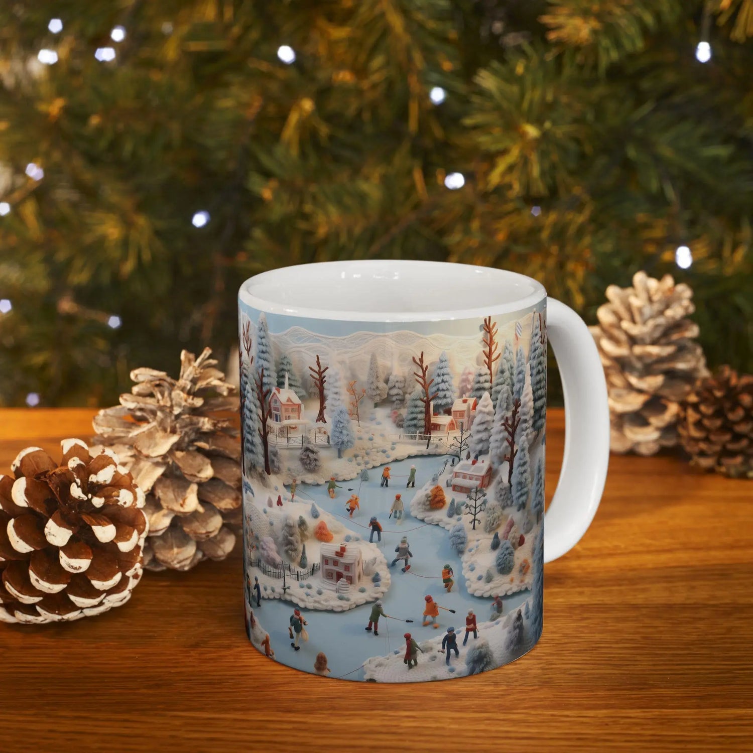 Holiday Scene Ceramic Mug - Crochet Xmas Designs, Hot Chocolate Mug, Novelty Holiday Items, Christmas Gift Idea, Contemporary Xmas Coffee The Aurora Touch