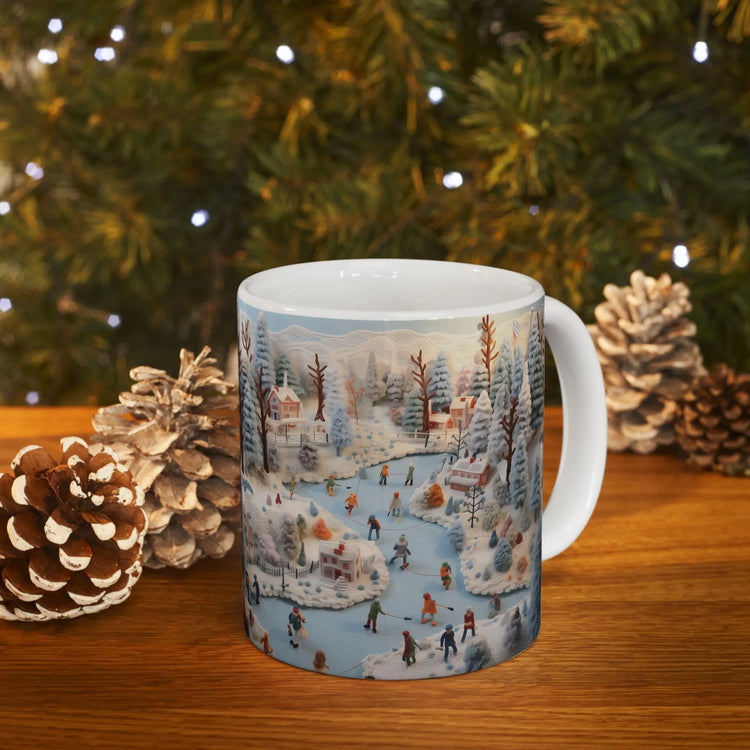 Holiday Scene Ceramic Mug - Crochet Xmas Designs, Hot Chocolate Mug, Novelty Holiday Items, Christmas Gift Idea, Contemporary Xmas Coffee The Aurora Touch