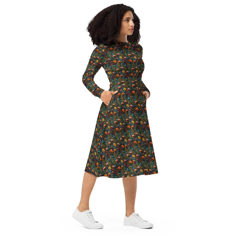 Bohemian Floral Crochet Long Sleeve Midi Dress | All-Over Print | Boho Chic Style The Aurora Touch