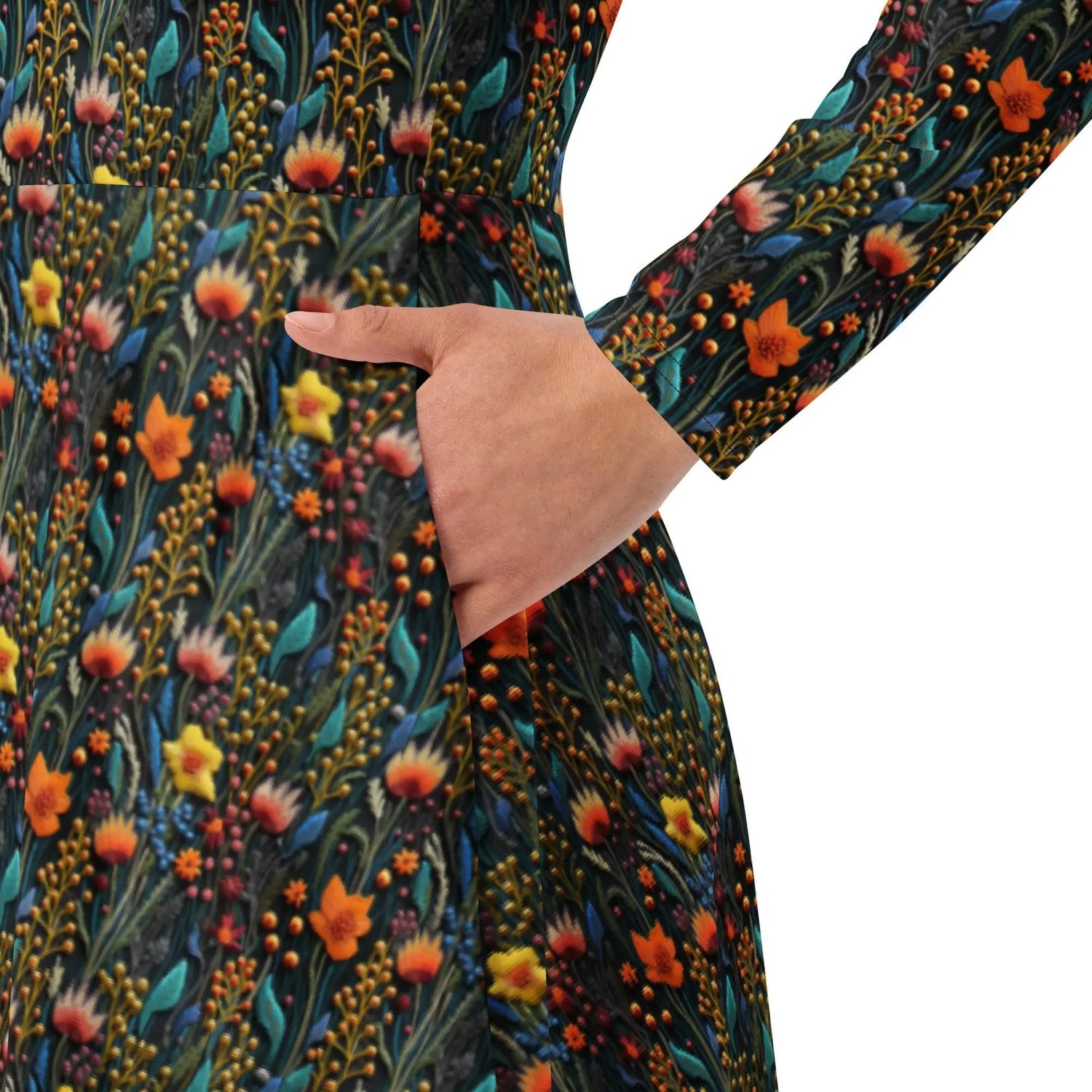 Bohemian Floral Crochet Long Sleeve Midi Dress | All-Over Print | Boho Chic Style