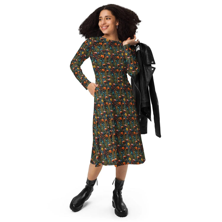 Bohemian Floral Crochet Long Sleeve Midi Dress | All-Over Print | Boho Chic Style The Aurora Touch