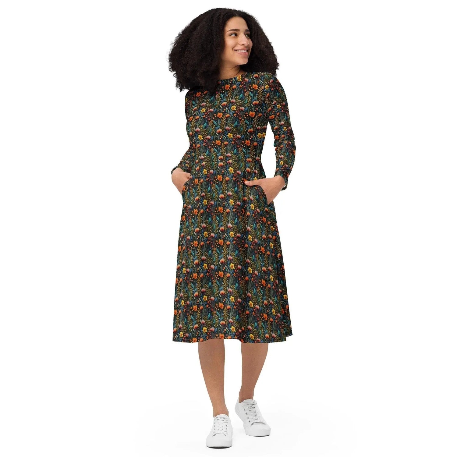 Bohemian Floral Crochet Long Sleeve Midi Dress | All-Over Print | Boho Chic Style The Aurora Touch