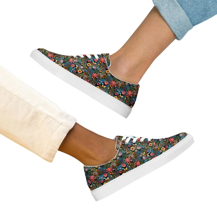 Colorful Floral Pattern Canvas Lace-Up Shoes for Women | Stylish All-Over Print Sneakers | Trendy Floral Footwear
