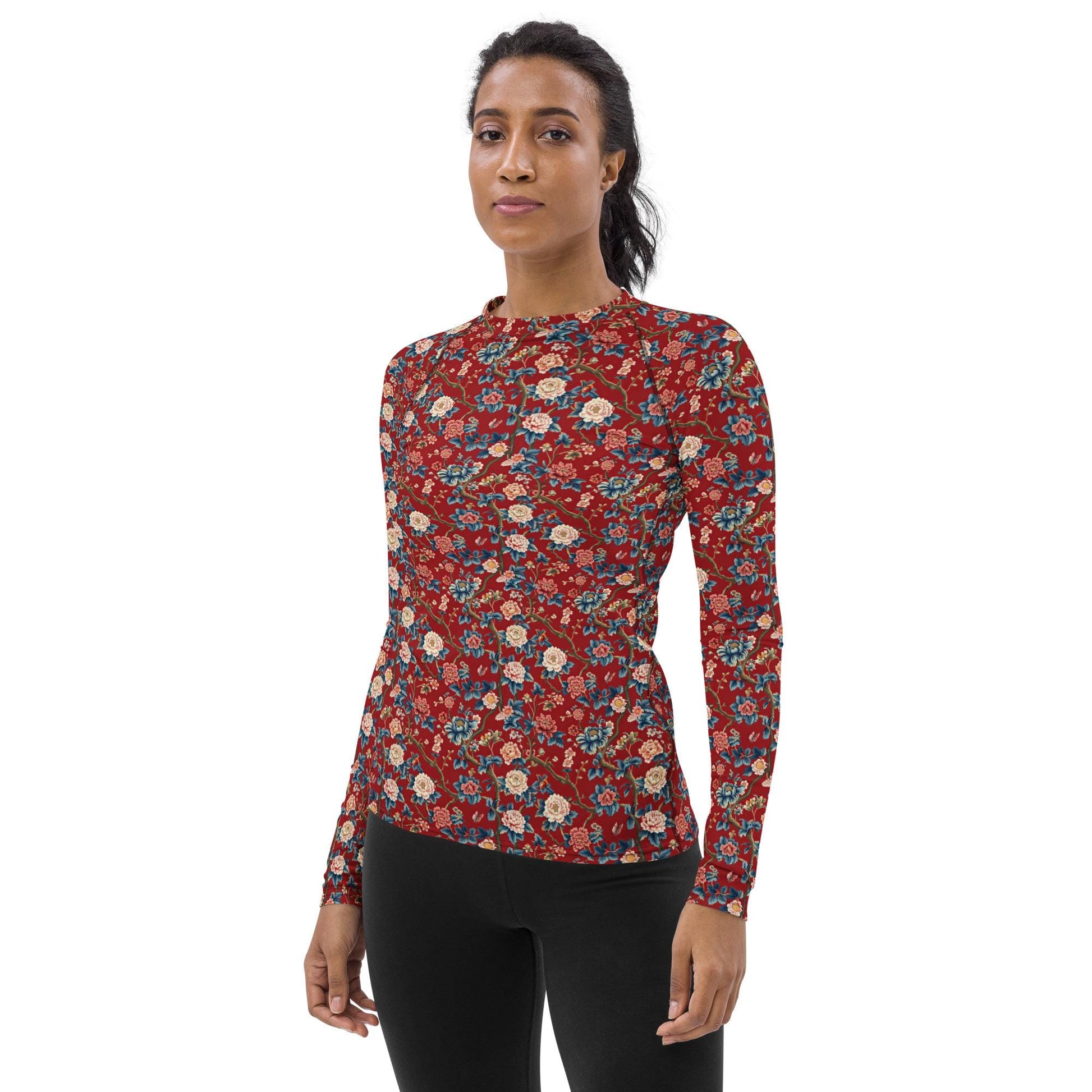 Women&#39;s All-over Chinoiserie Print Rash Guard | UPF 50 Sun Protection | Vintage Floral