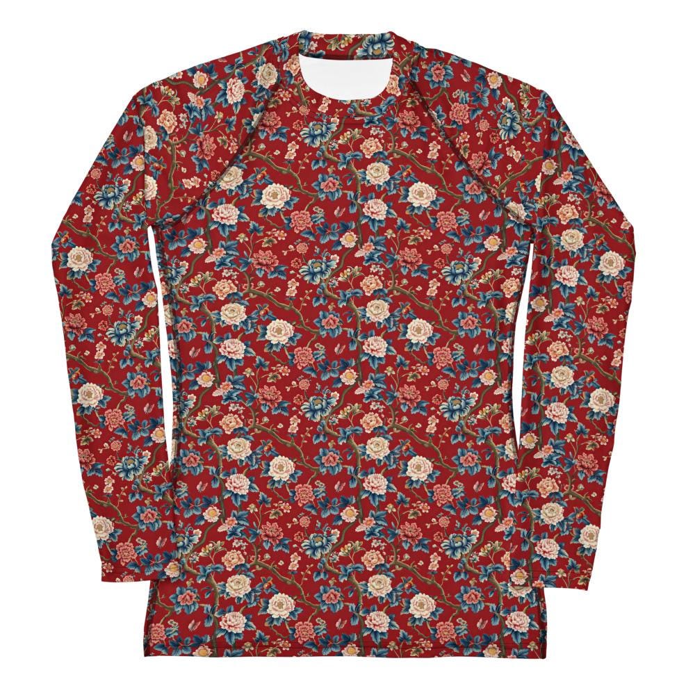 Women&#39;s All-over Chinoiserie Print Rash Guard | UPF 50 Sun Protection | Vintage Floral