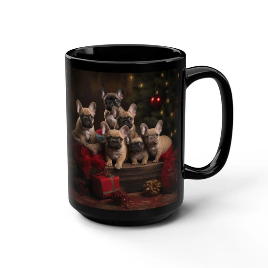 Holiday Frenchie Puppy Black Mug, 15oz - Christmas Gift, Tea Cup, Novelty Mug, Gift for Mom, Gift for her The Aurora Touch