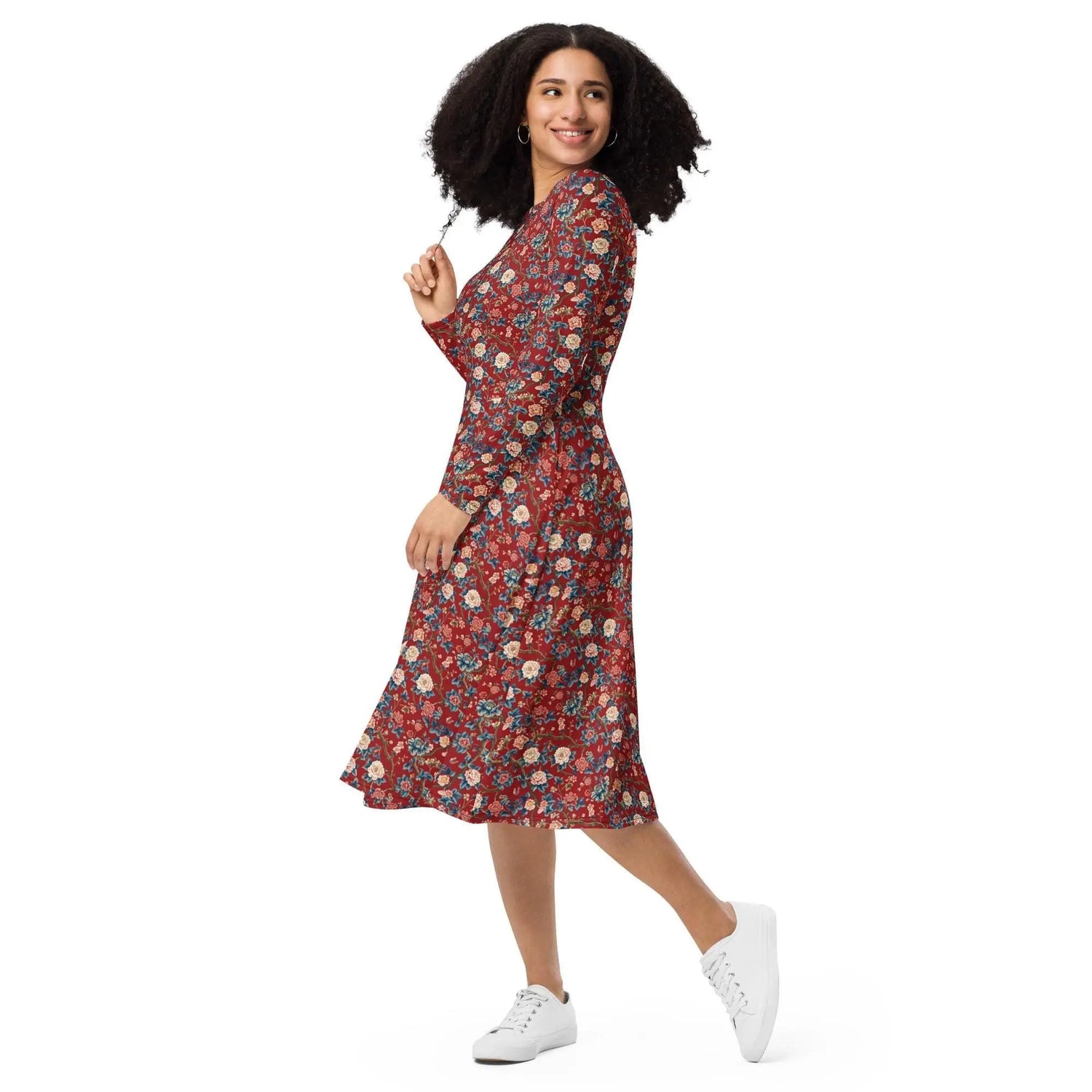 Chinoiserie All-Over Print Long Sleeve Midi Dress – Elegant Bohemian Chic Fashion The Aurora Touch