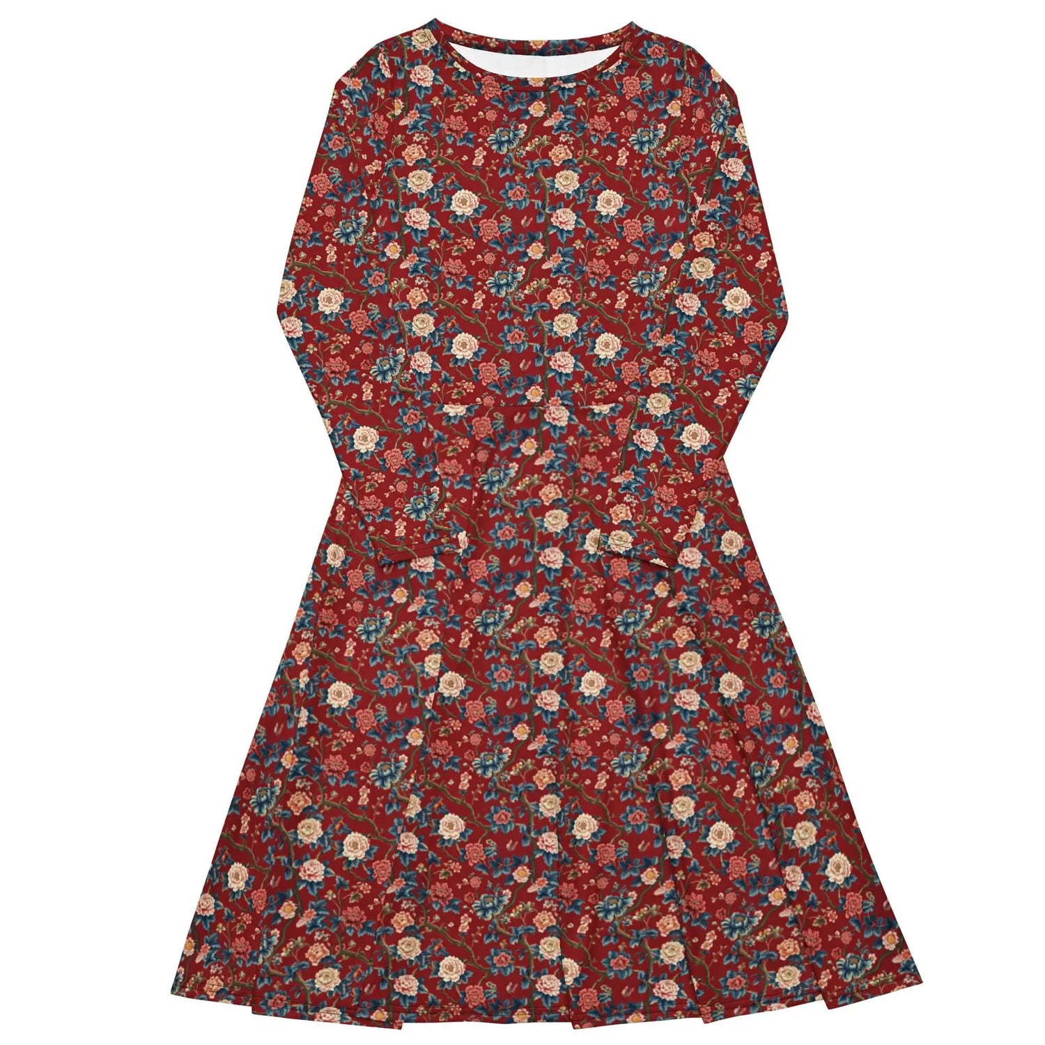 Chinoiserie All-Over Print Long Sleeve Midi Dress – Elegant Bohemian Chic Fashion