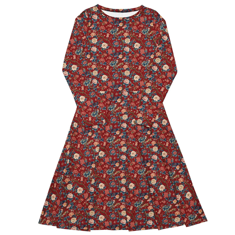 Chinoiserie All-Over Print Long Sleeve Midi Dress – Elegant Bohemian Chic Fashion
