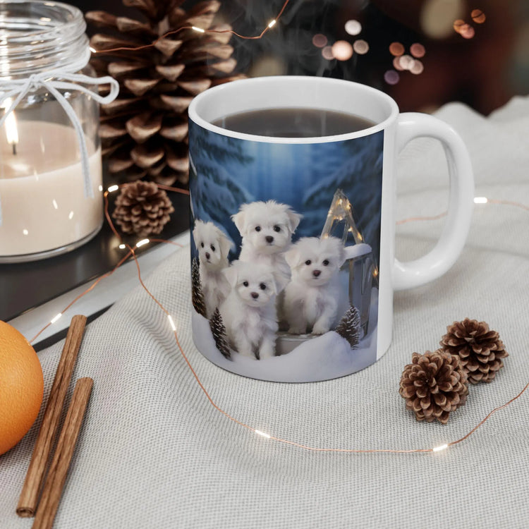 White Xmas Maltese Ceramic Mug 11oz, Holiday Gift, Puppy Love Coffee Cup, Kitchen Decor, Best Gift, Xmas Mug The Aurora Touch