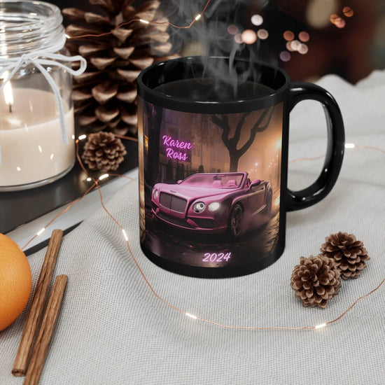 11oz Black Mug, Personalized Mug, Luxury mug, Pink Bentley, Portrait of a Bentley, Luxury pink car, gift for daughter, Gift for Wife The Aurora Touch