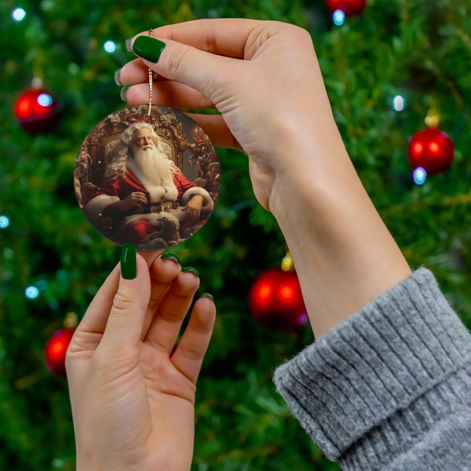 Ceramic Ornament, Mystic Christmas, Round ornament, Christmas Santa, Tree ornaments, Holiday gift, Christmas Tree decorations, Red Ornaments The Aurora Touch