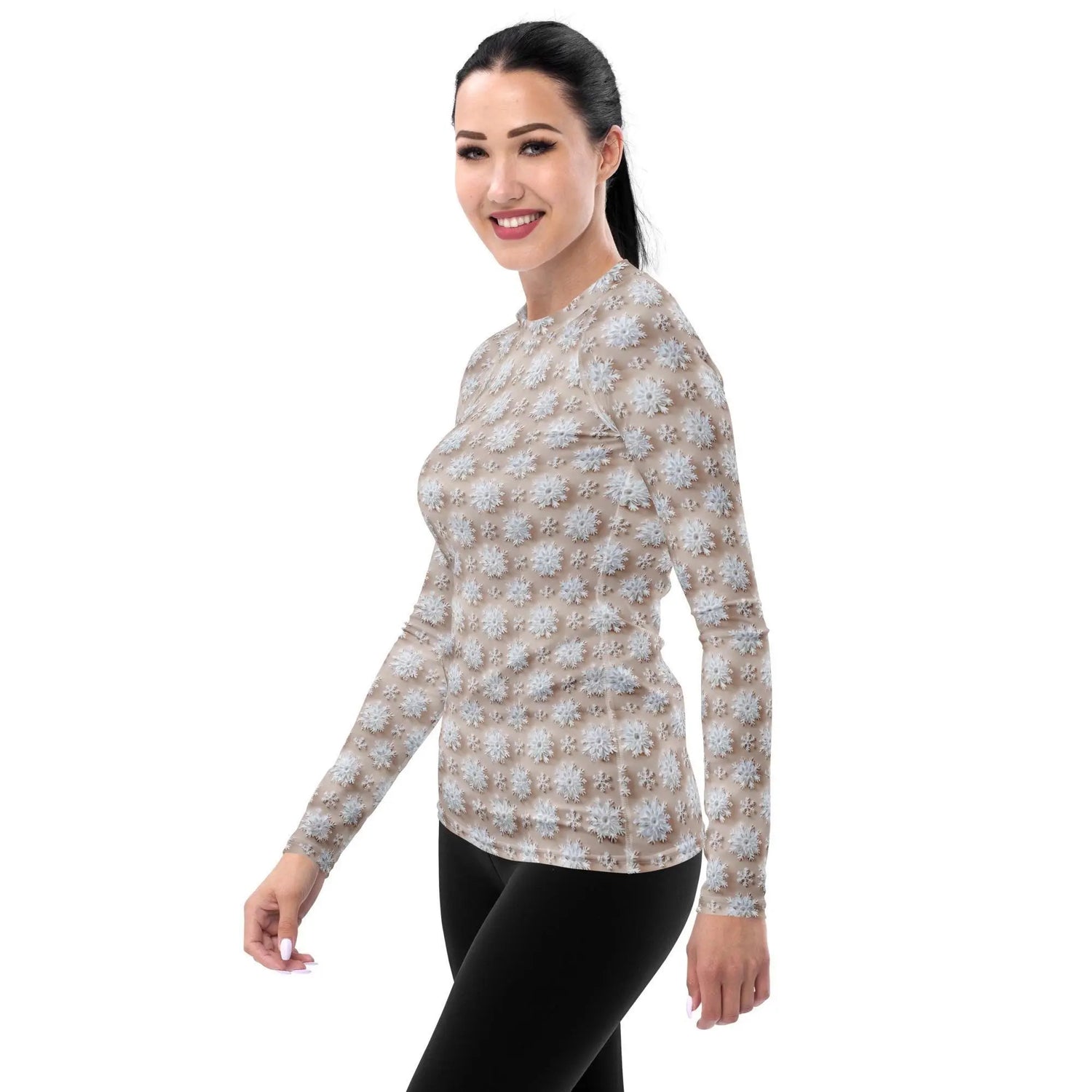 Winter Wonderland Snowflake Design Women’s Rash Guard – Long Sleeve UV Protection, Stylish Winter Swimwear,  Xmas Holiday Beachwear The Aurora Touch