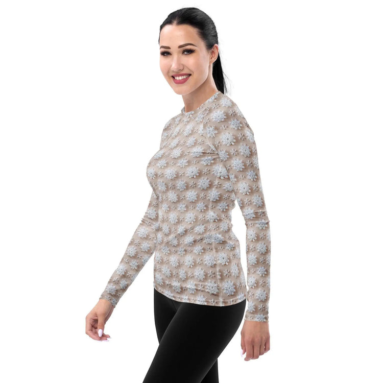 Winter Wonderland Snowflake Design Women’s Rash Guard – Long Sleeve UV Protection, Stylish Winter Swimwear,  Xmas Holiday Beachwear The Aurora Touch