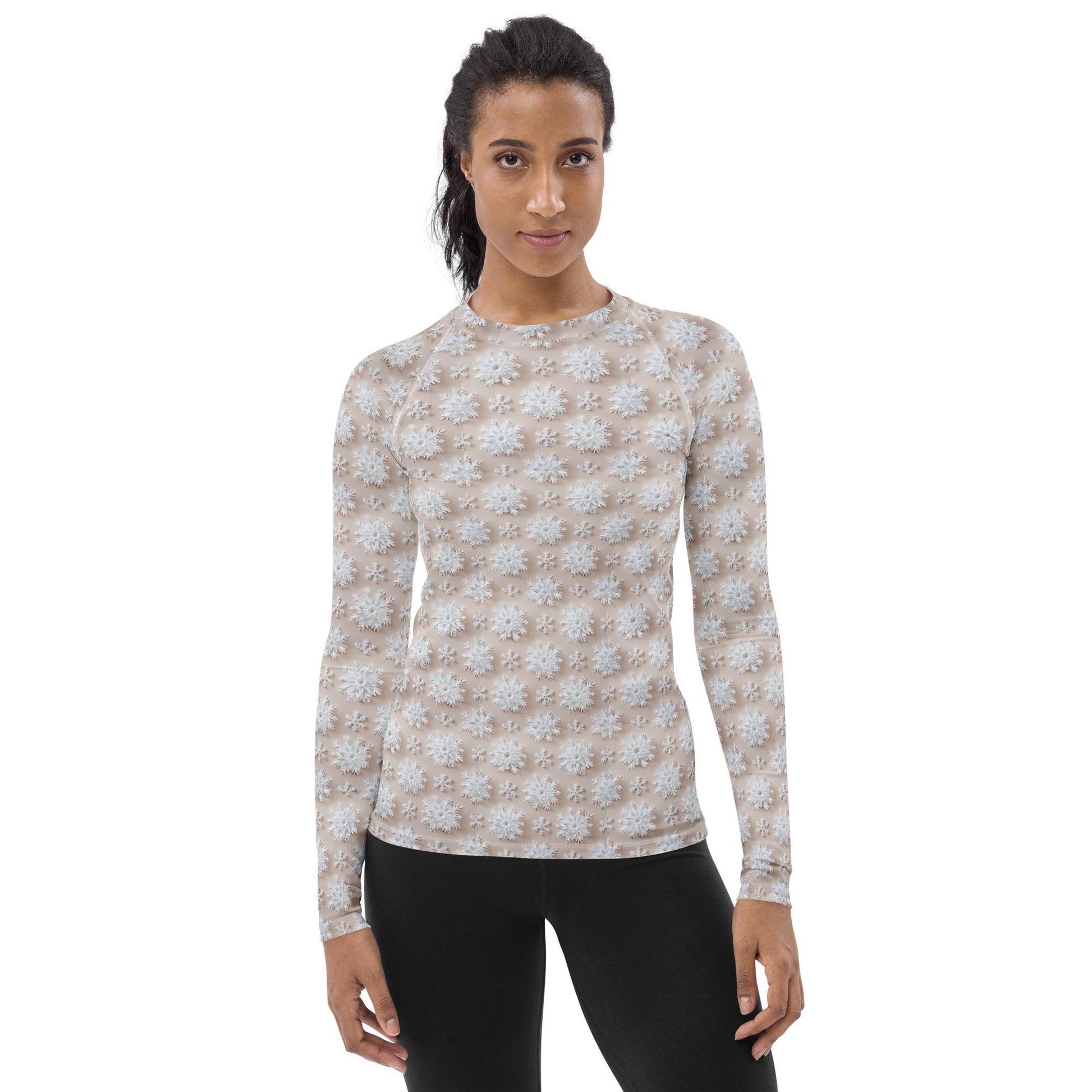 Winter Wonderland Snowflake Design Women’s Rash Guard – Long Sleeve UV Protection, Stylish Winter Swimwear,  Xmas Holiday Beachwear