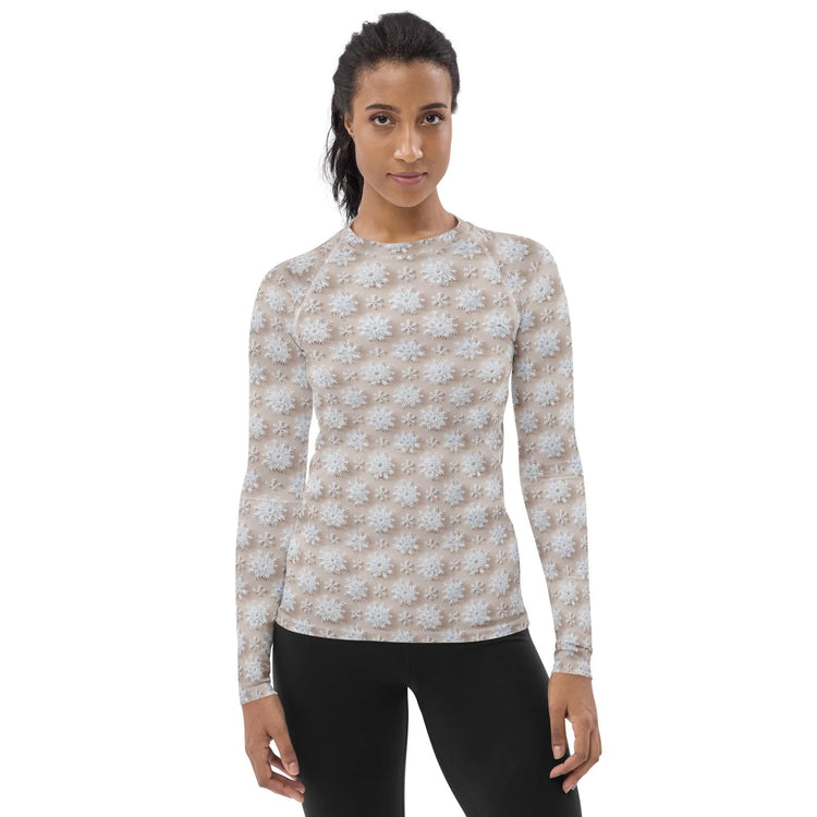 Winter Wonderland Snowflake Design Women’s Rash Guard – Long Sleeve UV Protection, Stylish Winter Swimwear,  Xmas Holiday Beachwear