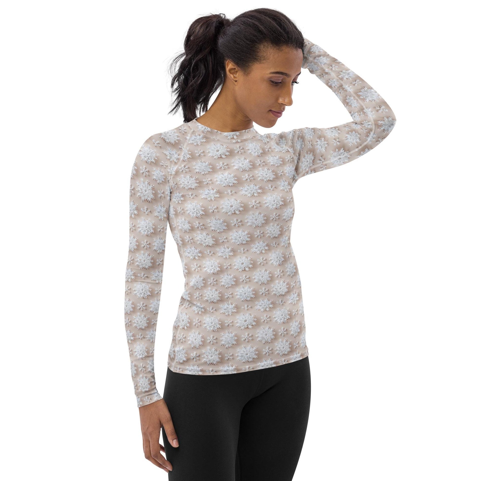 Winter Wonderland Snowflake Design Women’s Rash Guard – Long Sleeve UV Protection, Stylish Winter Swimwear,  Xmas Holiday Beachwear