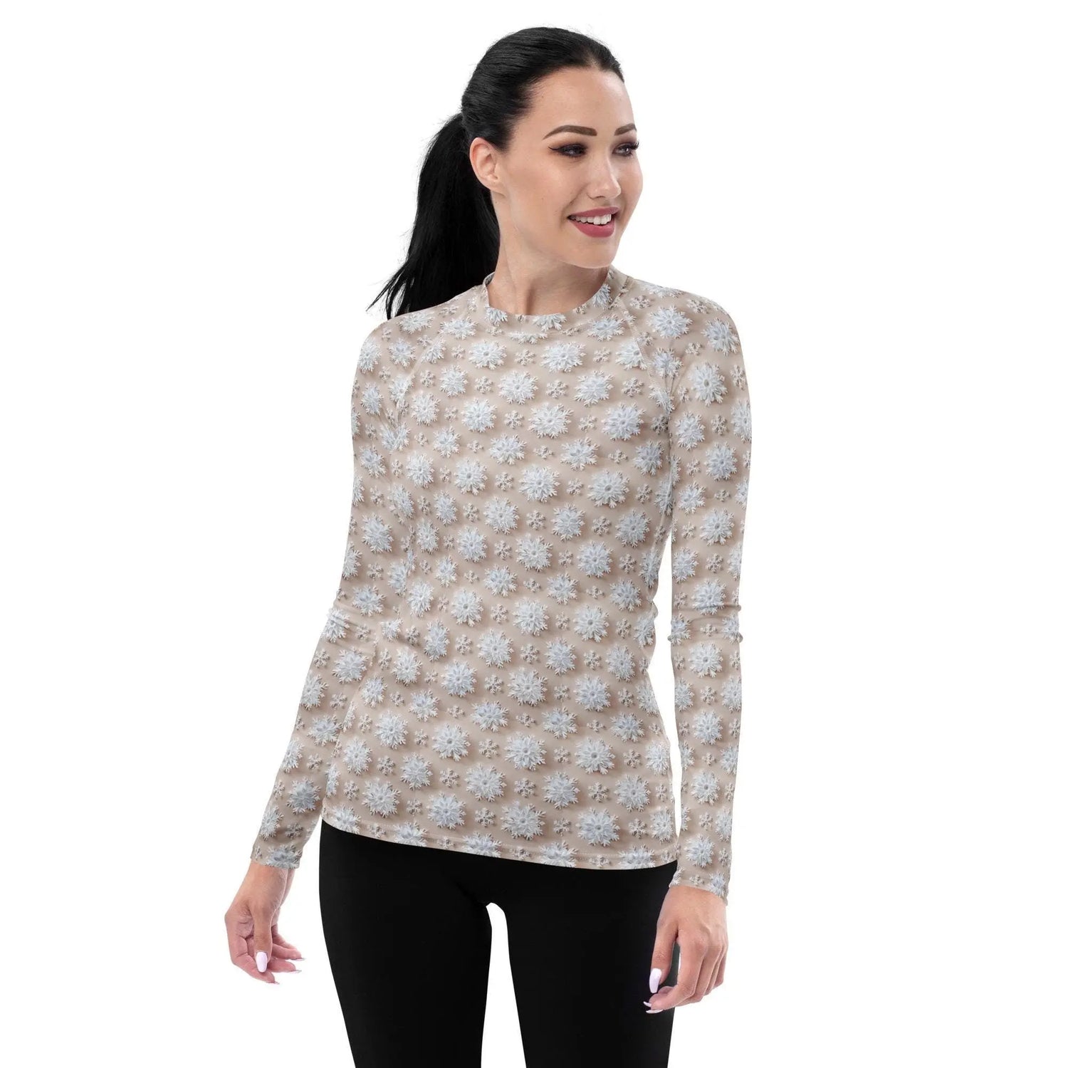 Winter Wonderland Snowflake Design Women’s Rash Guard – Long Sleeve UV Protection, Stylish Winter Swimwear,  Xmas Holiday Beachwear