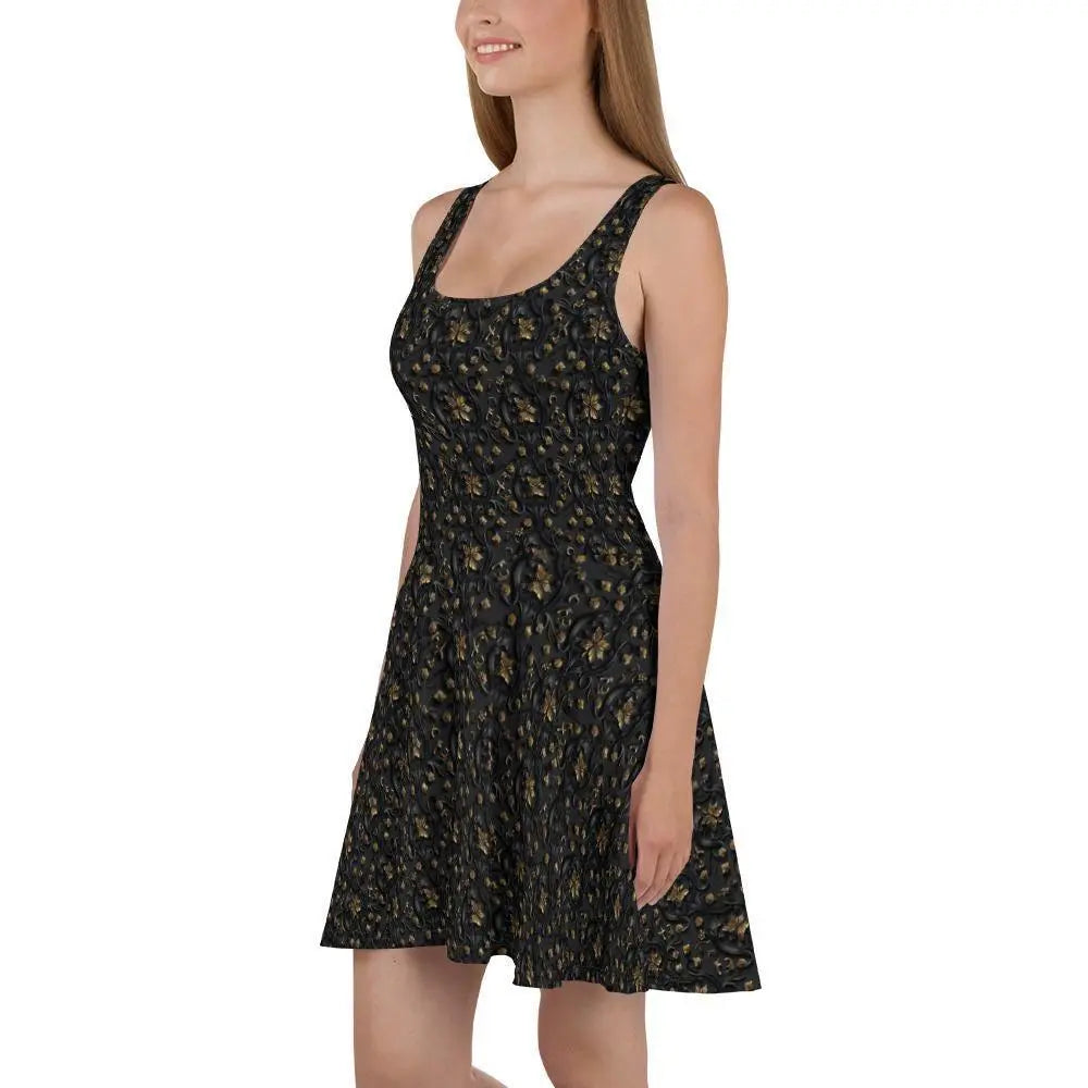 Sophisticated 3D Raised Black & Gold Luxury Skater Dress - Elegant Couture Evening Casual Wear for Special Occasions The Aurora Touch