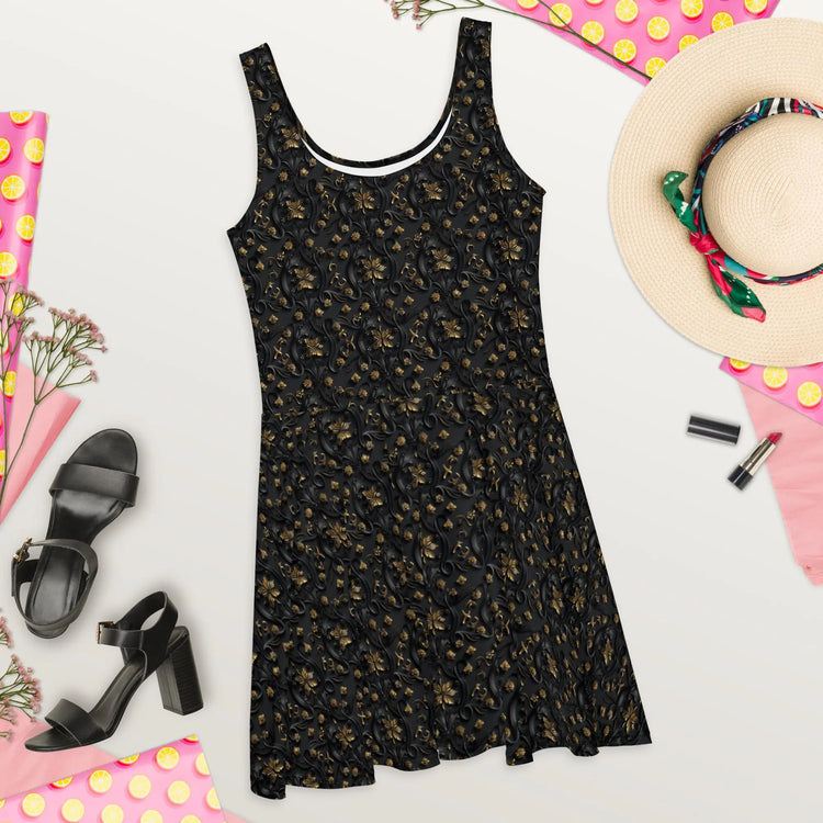 Sophisticated 3D Raised Black & Gold Luxury Skater Dress - Elegant Couture Evening Casual Wear for Special Occasions