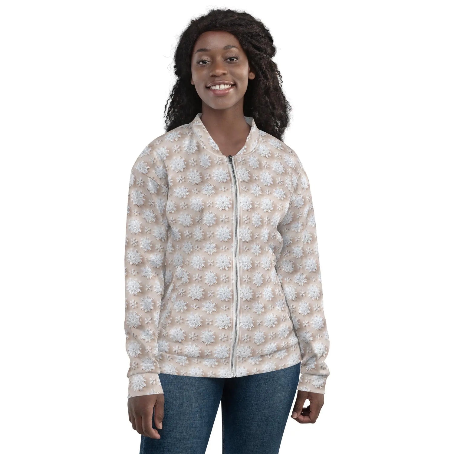 Luxury White Christmas Snowflake Designer Bomber Jacket - Festive Winter Fashion Statement for Women