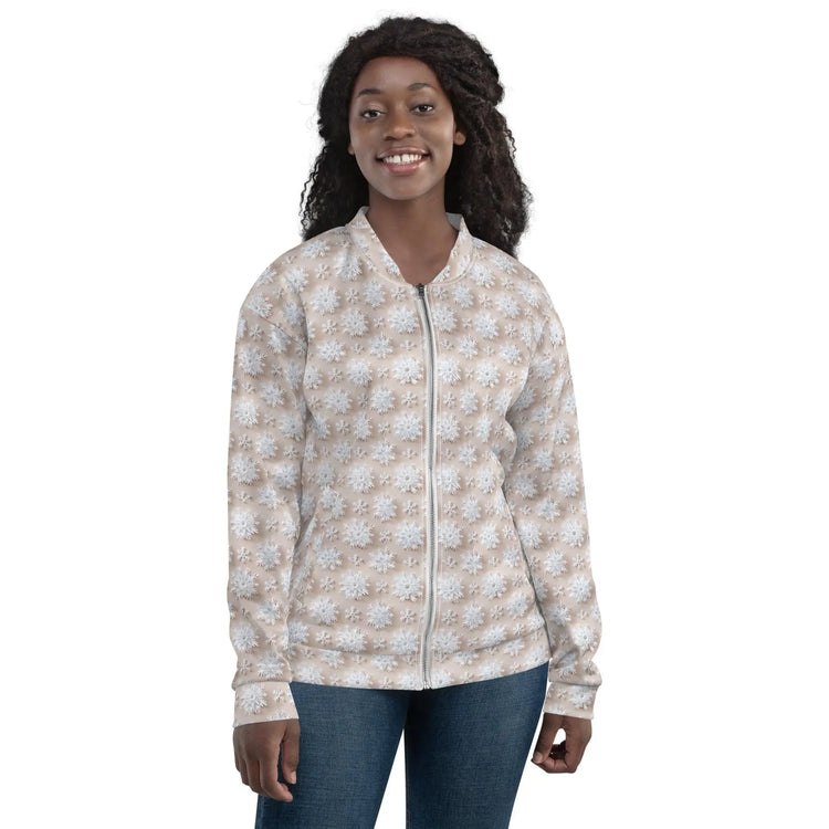 Luxury White Christmas Snowflake Designer Bomber Jacket - Festive Winter Fashion Statement for Women