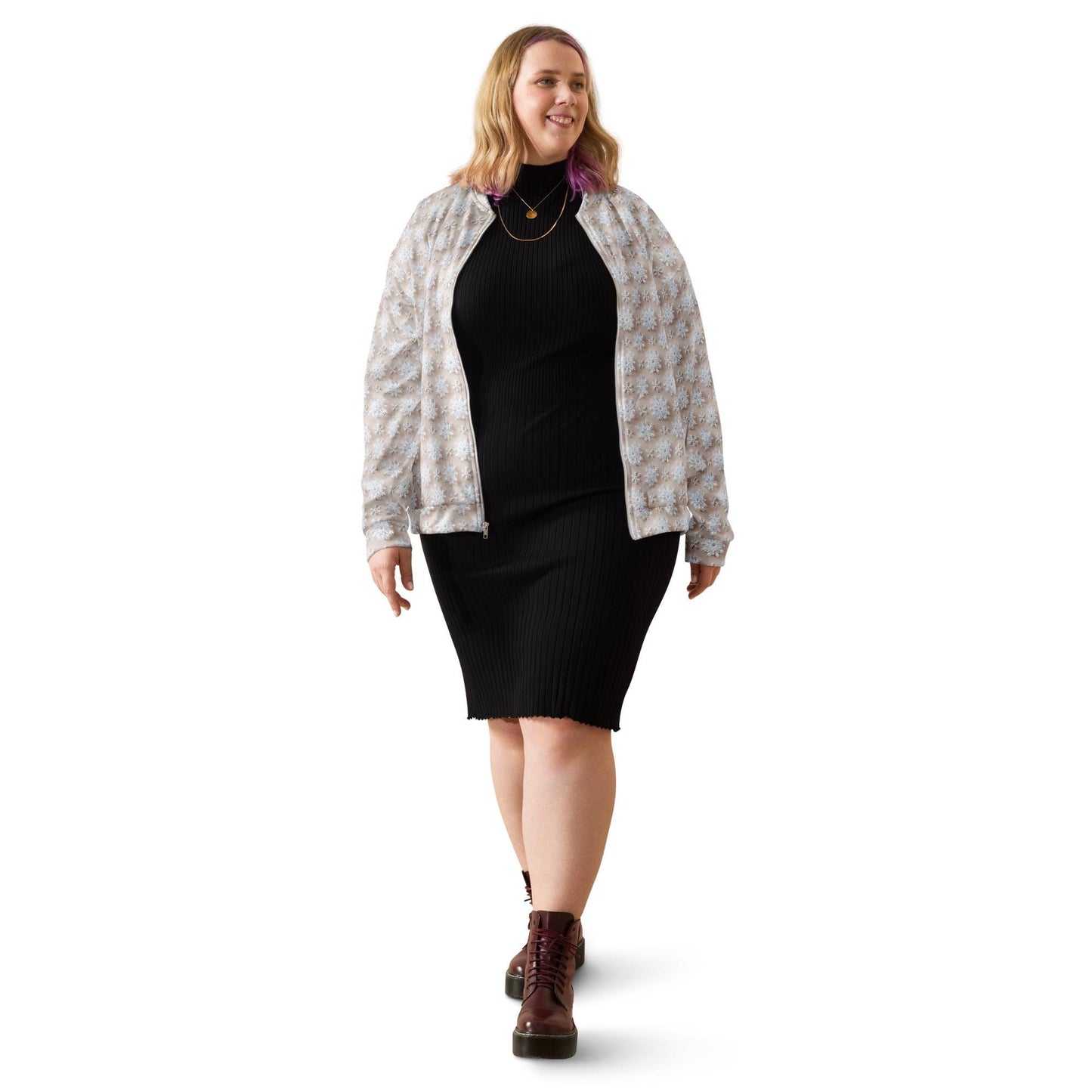 Luxury White Christmas Snowflake Designer Bomber Jacket - Festive Winter Fashion Statement for Women