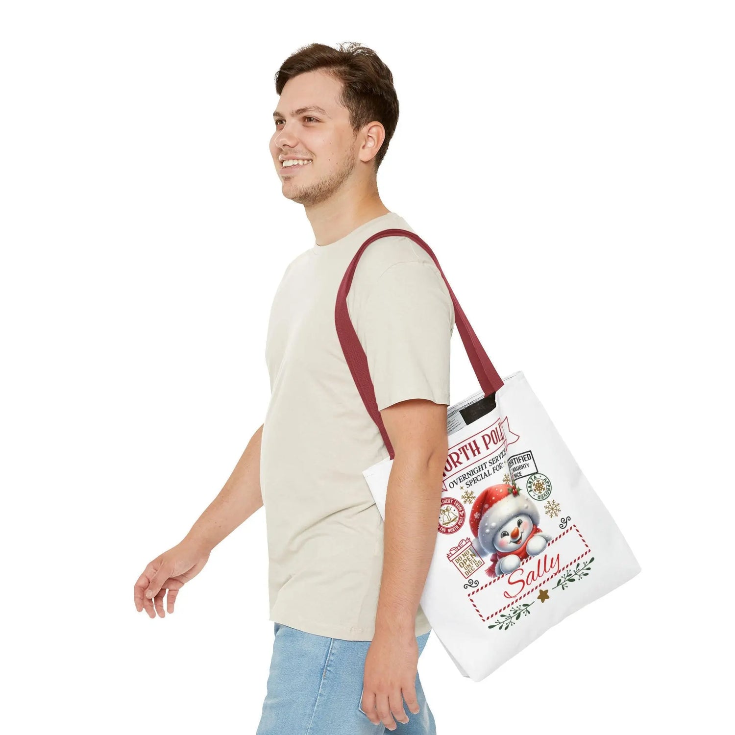 Personalized North Pole Tote Bag, Holiday Gift, Christmas Shopping Bag, Snowman Design, Festive Reusable Shopper