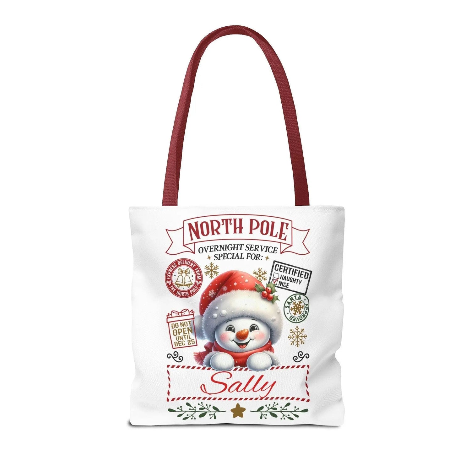 Personalized North Pole Tote Bag, Holiday Gift, Christmas Shopping Bag, Snowman Design, Festive Reusable Shopper The Aurora Touch
