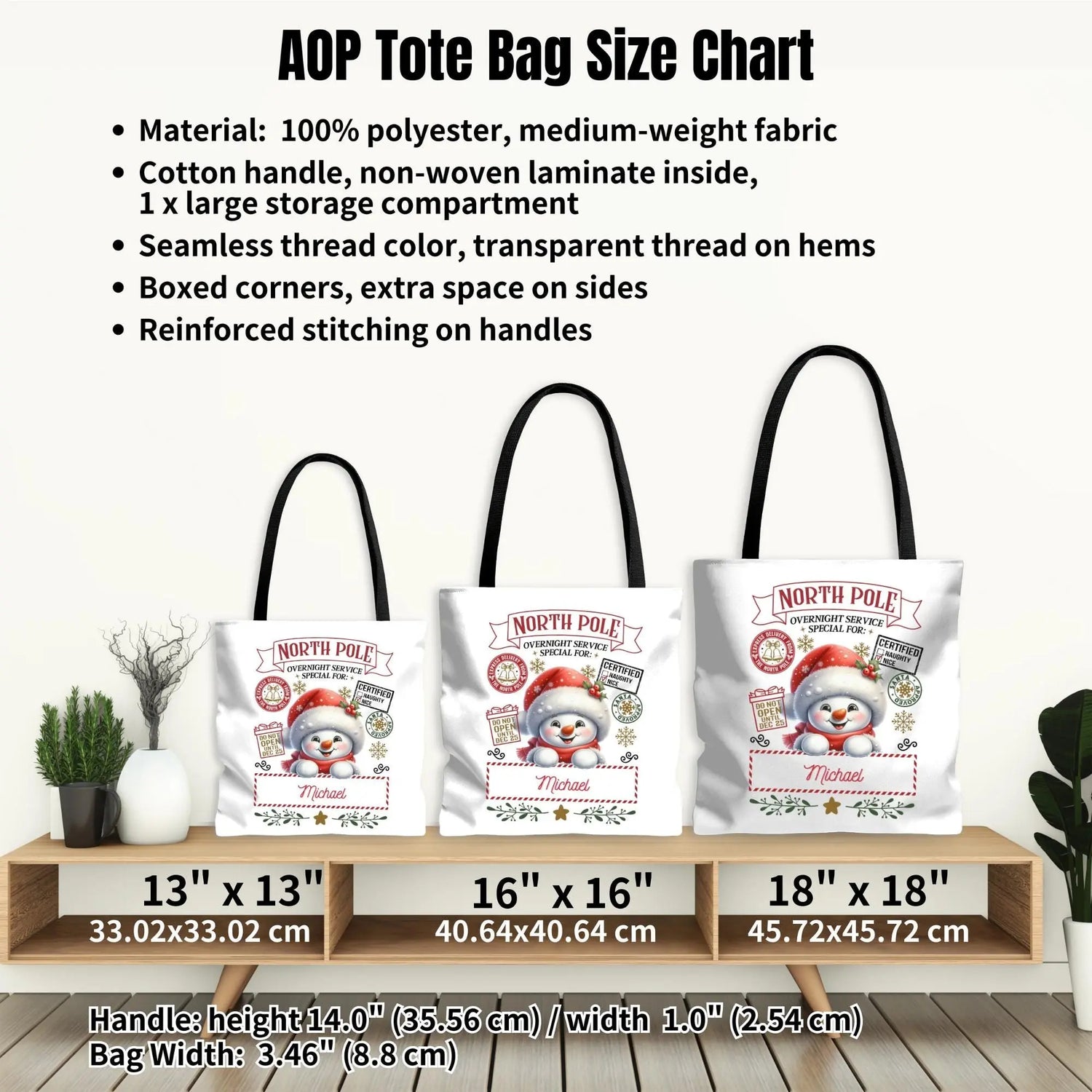 Personalized North Pole Tote Bag, Holiday Gift, Christmas Shopping Bag, Snowman Design, Festive Reusable Shopper
