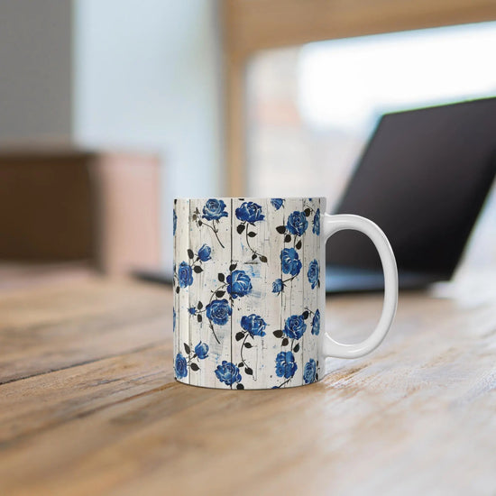 Vintage Floral Blue Roses Mug | Boho Decor, Gift for Her, Coffee Lover, Home Office, Mother&