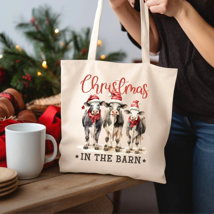 Farm House Country Xmas Cotton Canvas Tote Bag, Holiday Travel Gift Bags, Hand Crafted Shopping Bag The Aurora Touch