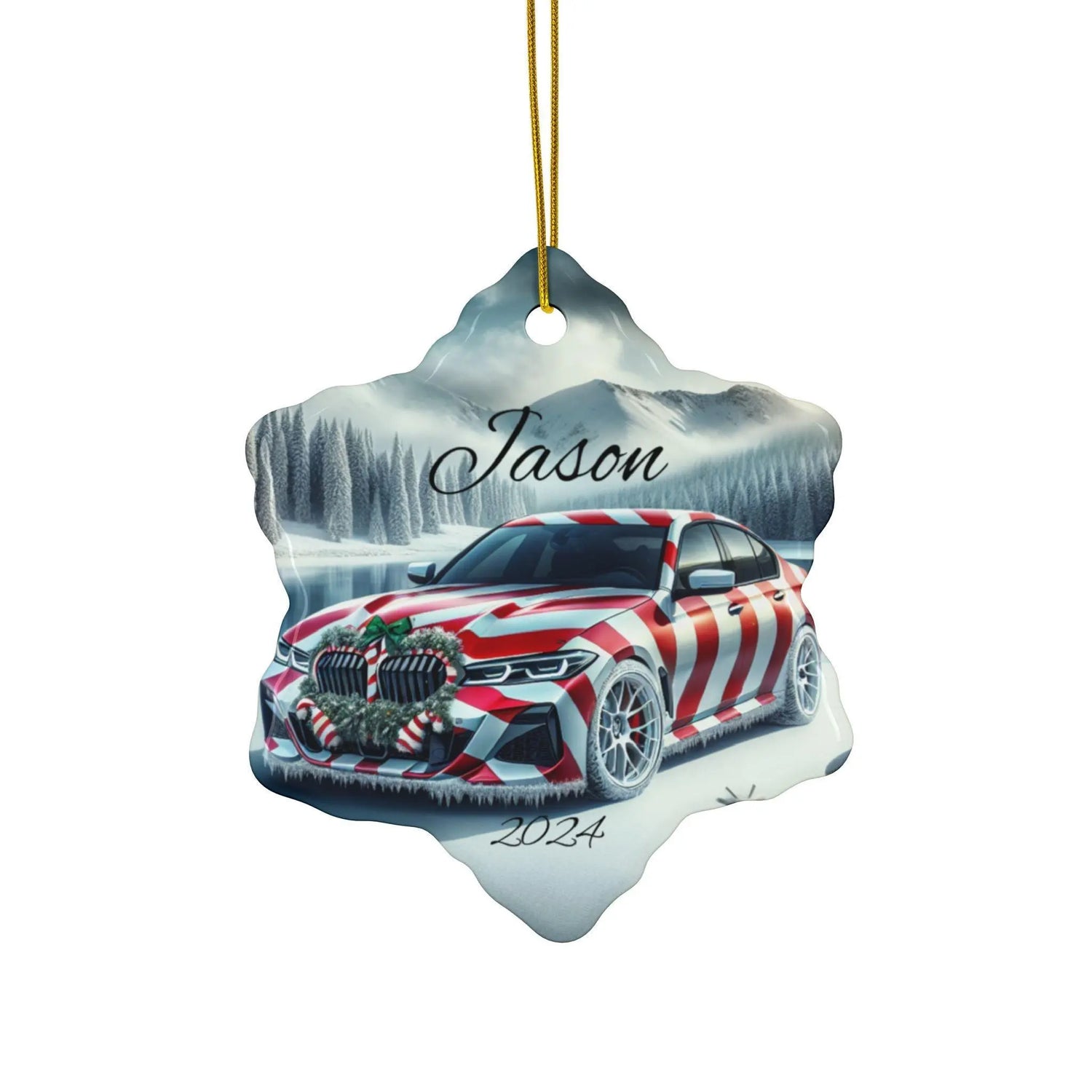 Personalized Holiday Car Ornament, Custom Double-Sided Ceramic Christmas Bauble, Festive Home Decor, BMW Lover Gift, Winter Keepsake The Aurora Touch