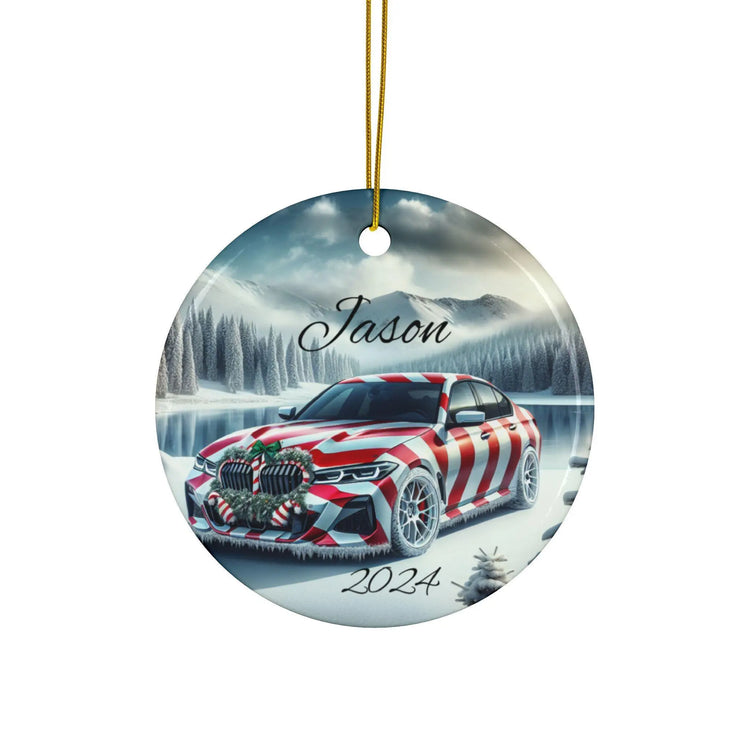 Personalized Holiday Car Ornament, Custom Double-Sided Ceramic Christmas Bauble, Festive Home Decor, BMW Lover Gift, Winter Keepsake The Aurora Touch