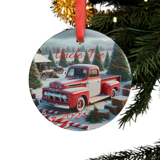 Personalized Christmas Acrylic Ornament with Ribbon, Custom Holiday Decor, Keepsake Gift for Uncle, Vintage Truck Design, 2024