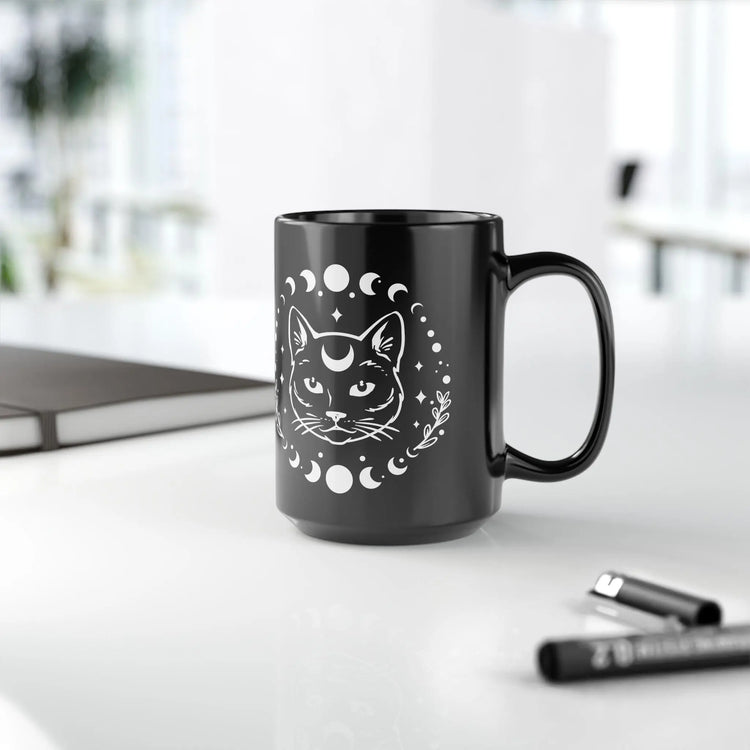Black Mug (11oz, 15oz), Black Cat Moon Phase Mug, Astrology designed Coffee Mug , Multisize Moon tea cup, spellbound cat mug The Aurora Touch