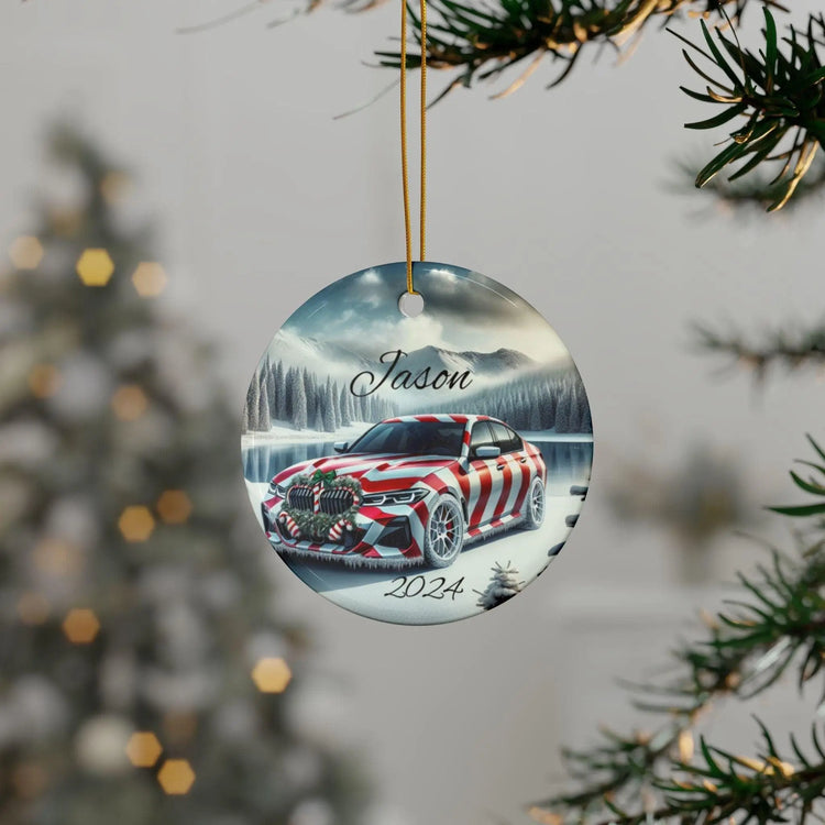 Personalized Holiday Car Ornament, Custom Double-Sided Ceramic Christmas Bauble, Festive Home Decor, BMW Lover Gift, Winter Keepsake The Aurora Touch
