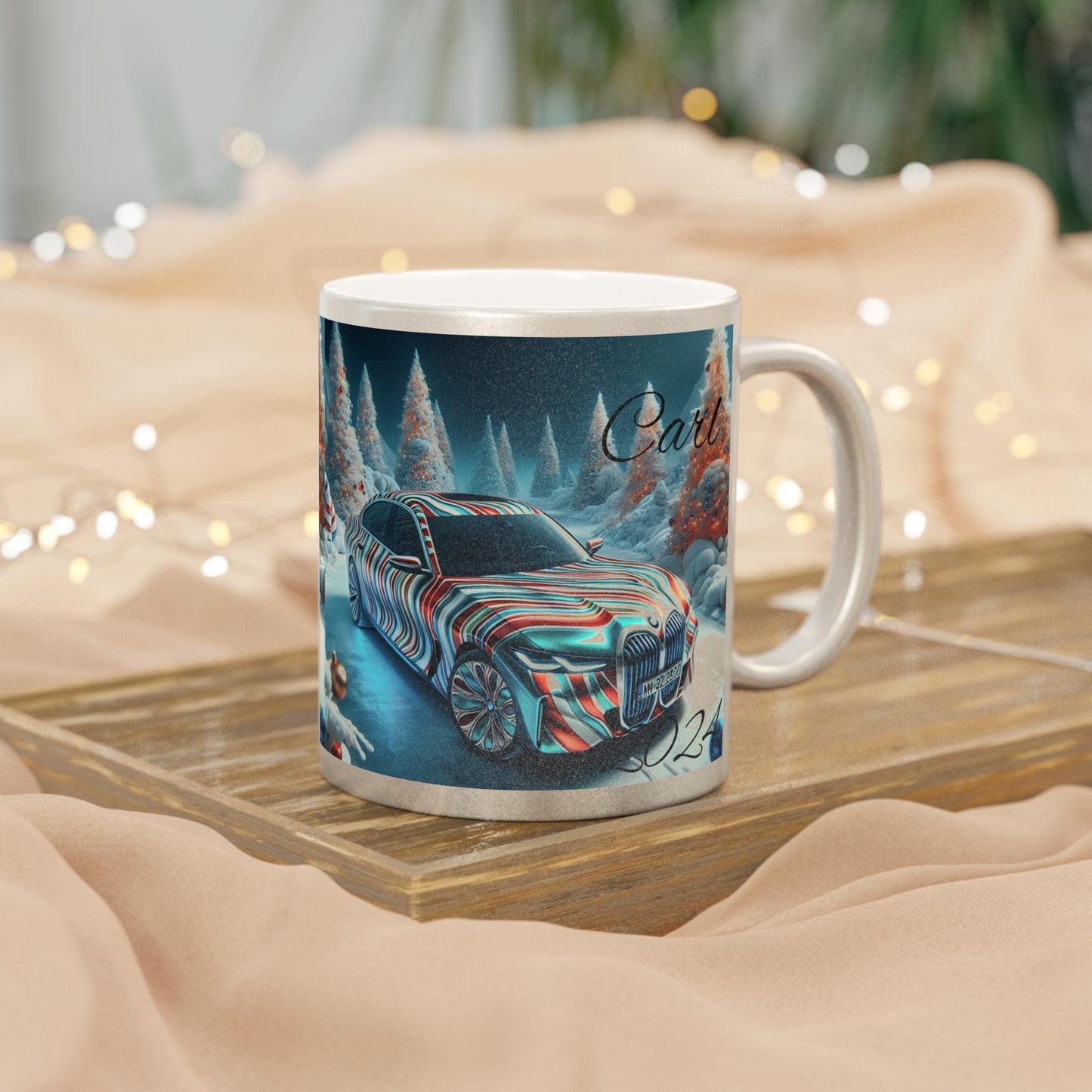 Personalized Metallic Mug, Unique Car Design, Holiday Gift, Winter Decor, Customized Coffee Cup, Perfect for BMW and Car Enthusiasts