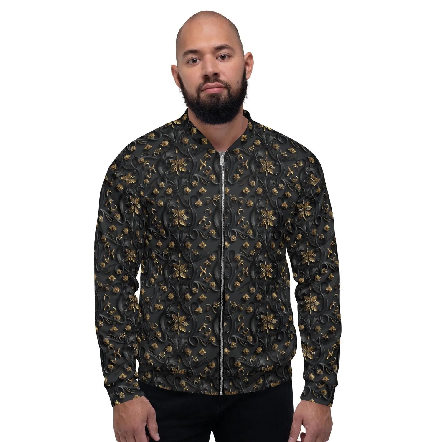 Exclusive 3D Black Gold Bomber Jacket for Men - Unique Design, Luxury Streetwear, Custom Fashion, Statement Outerwear The Aurora Touch