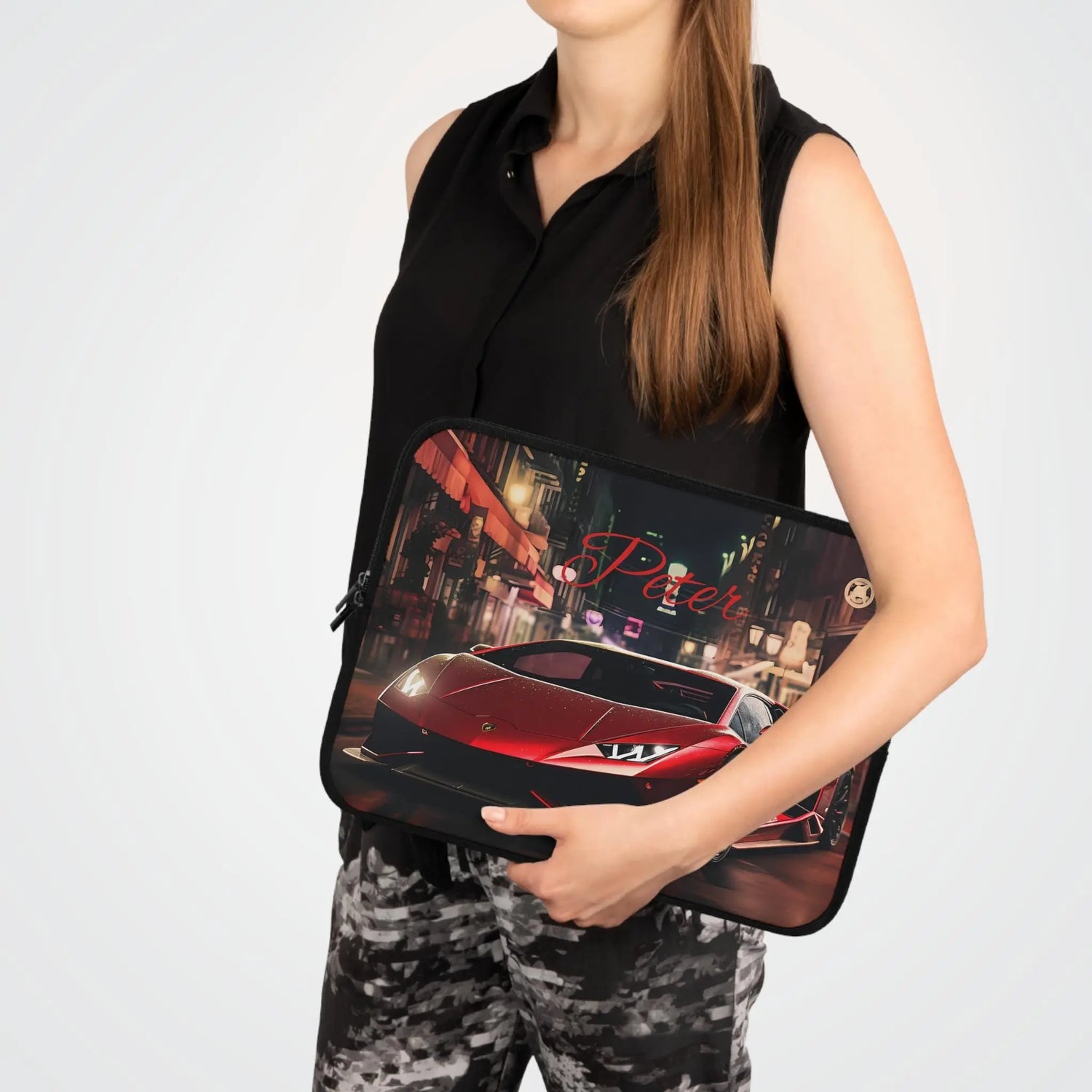 Sports Car Laptop Sleeve - Personalized Tech Case, Gift for Car Lovers, Custom Laptop Bag, Unique Present for Him, Red Lamborghini Design