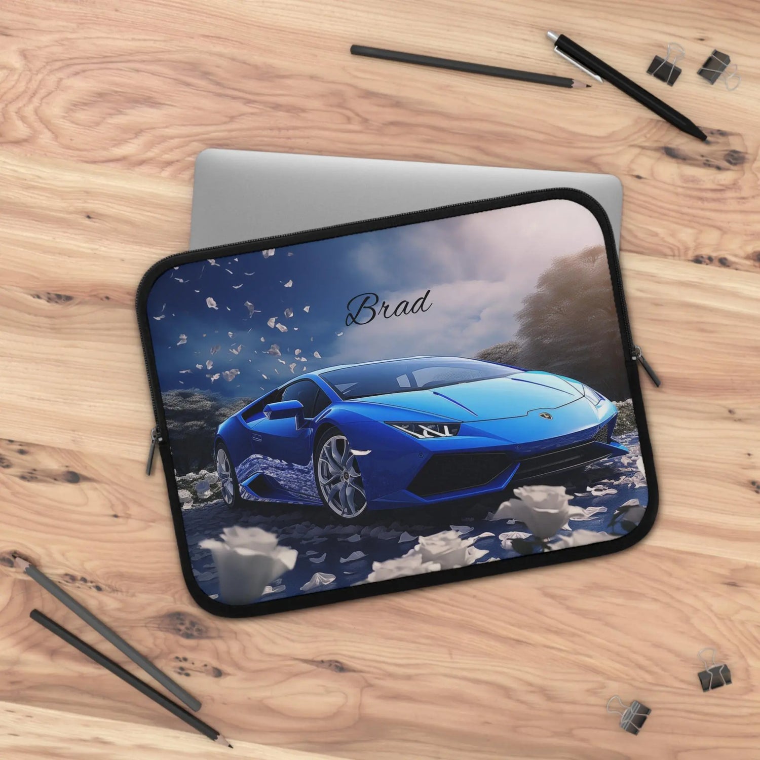 Personalized Car Lover Laptop Sleeve - Automotive Gift, Custom Tech Case, Stylish Computer Bag, Unique Present for Him, Blue Lamborghini The Aurora Touch
