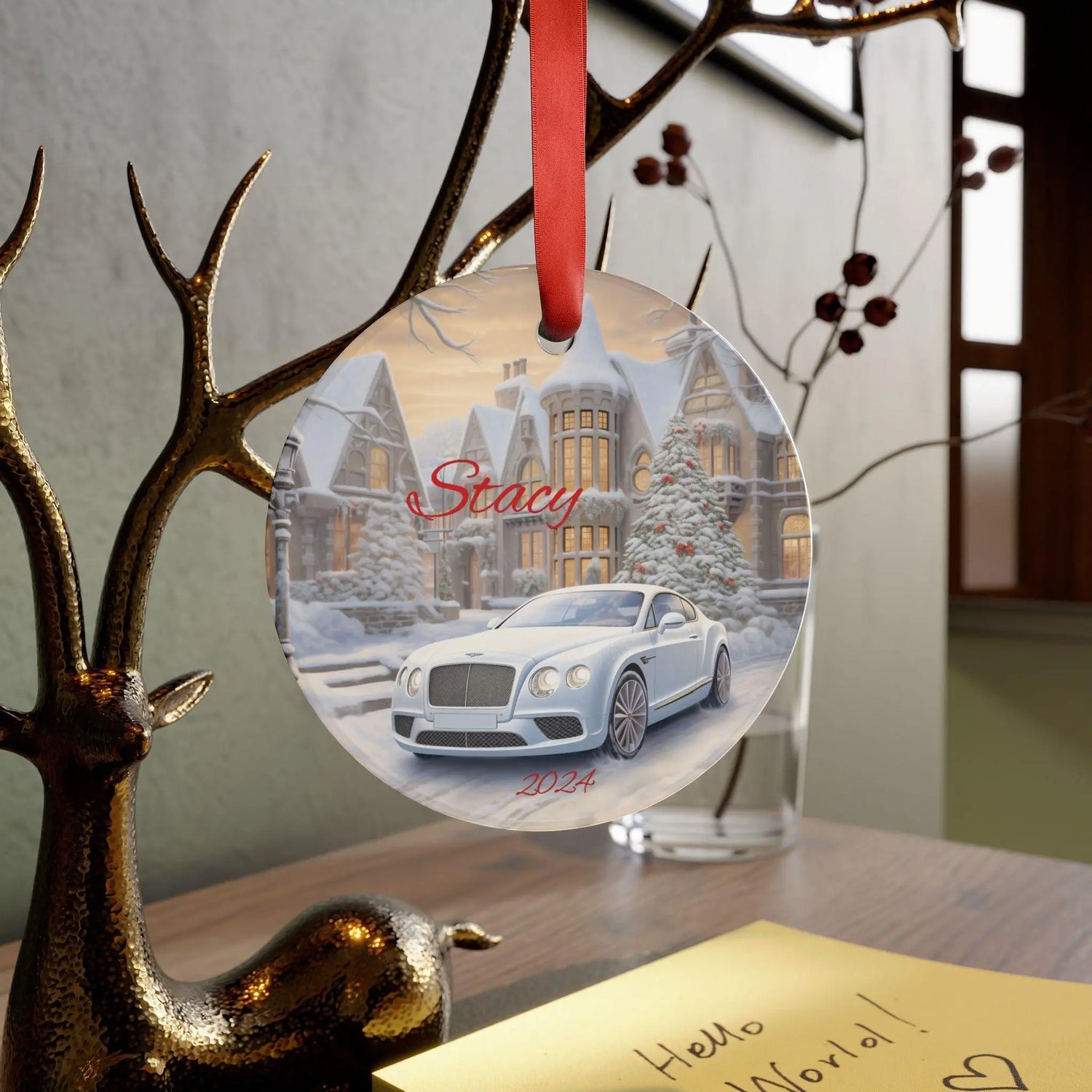 Personalized Acrylic Ornament with Car and Winter Wonderland Scene, Holiday Decor, Christmas Gift, Customized Keepsake, White Bentley The Aurora Touch