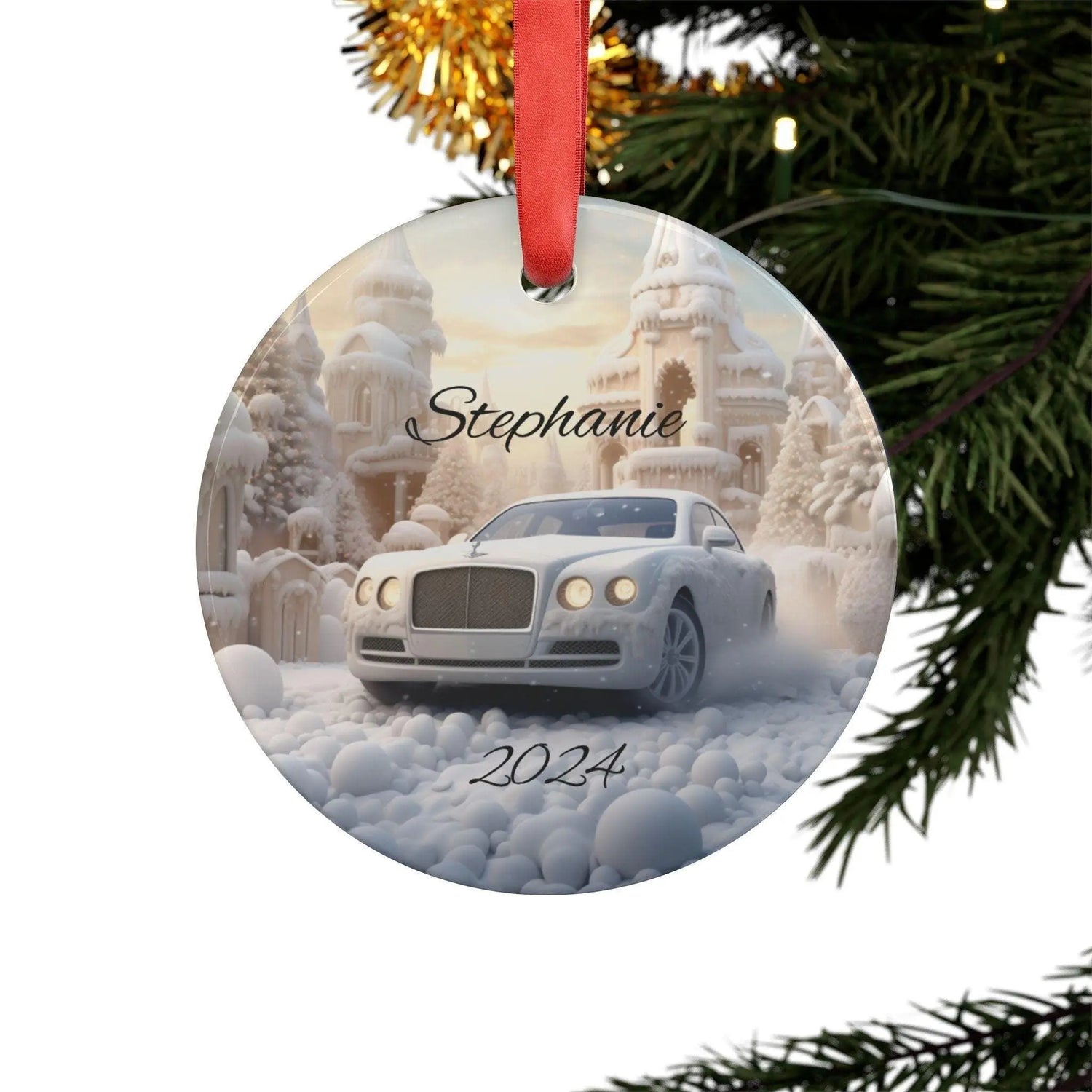 Personalized Winter Car Acrylic Ornament, Custom Holiday Decoration, Unique Christmas Gift, Winter Wonderland Decor, White Bentley The Aurora Touch