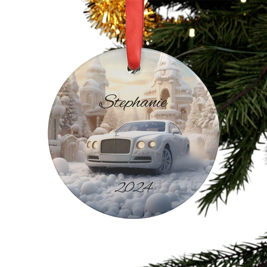 Personalized Winter Car Acrylic Ornament, Custom Holiday Decoration, Unique Christmas Gift, Winter Wonderland Decor, White Bentley The Aurora Touch
