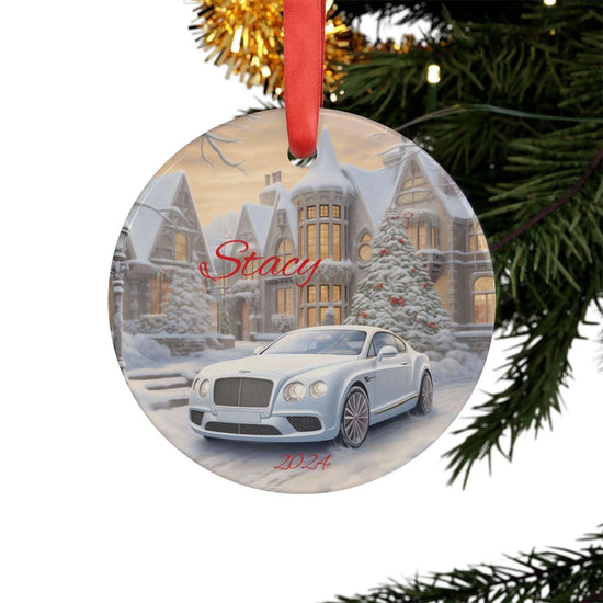 Personalized Acrylic Ornament with Car and Winter Wonderland Scene, Holiday Decor, Christmas Gift, Customized Keepsake, White Bentley The Aurora Touch